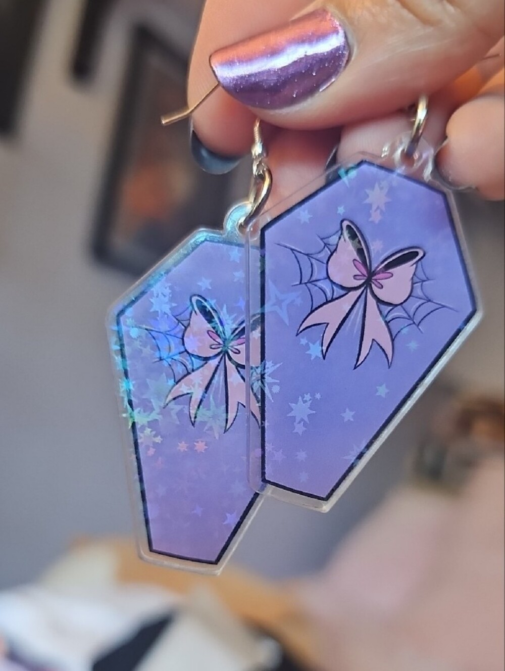 Source Unknown Purple Coffin Earrings with Pink Bow